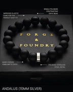 Forge & Foundry Men’s Matte Black Solid Onyx Beaded Bracelet | 10mm, 8mm, 6mm Bead Size Options | Signature Stainless Steel Engraved Bead | Andalus - color: 10mm Silver, size: X-Large