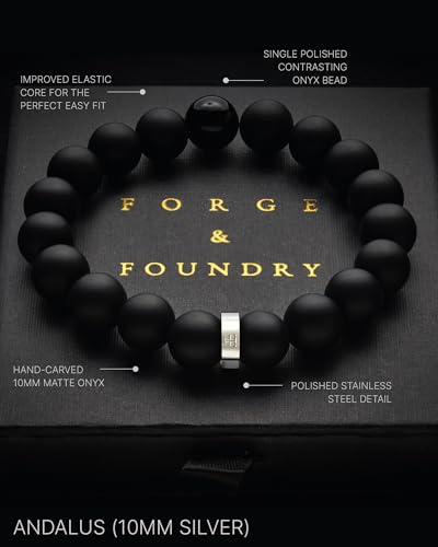Forge & Foundry Men’s Matte Black Solid Onyx Beaded Bracelet | 10mm, 8mm, 6mm Bead Size Options | Signature Stainless Steel Engraved Bead | Andalus - color: 10mm Silver, size: Large