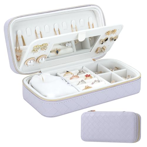 DesignSter Travel Jewelry Case, Woven Embossed PU Leather Jewelry Organizer with Mirror, Small Portable Jewelry Box for Women Rings Necklaces Bracelets Earrings - color: Purple