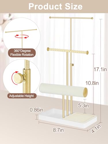 3-Tier Jewelry Stand Jewelry Organizer, Gold Necklace & Bracelet Organizer with Velvet Ring Tray, Sturdy Jewelry Holder for Earrings, Cute & Aesthetic Jewelry Display Tower – Gift for Women