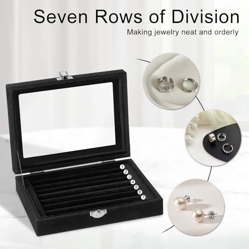 Velvet Ring Organizer Box, 7 Slots Jewelry Holder with Glass Lid Earring Display Tray Storage Case Gift for Women and Girls (Black)