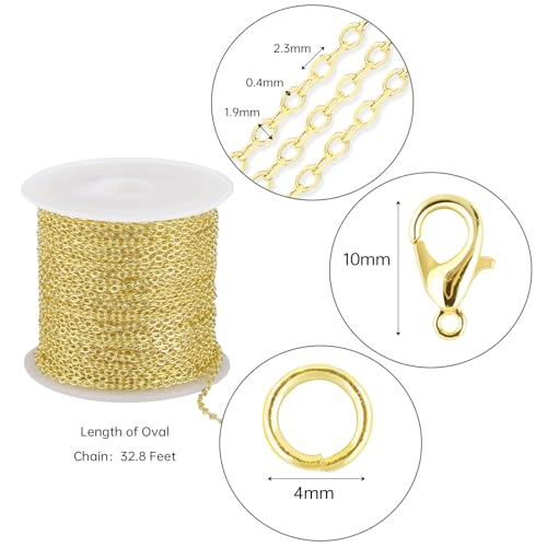 Crisjanggo 32.8 Feet 14K Gold Plated Brass Chains for Jewelry Making Men Women DIY Craft Necklace Bracelet Chains Roll Bulk with Lobster Clasps and Jump Rings - color: Rolo Gold