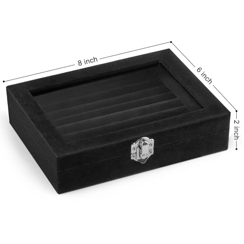 Velvet Ring Organizer Box, 7 Slots Jewelry Holder with Glass Lid Earring Display Tray Storage Case Gift for Women and Girls (Black)
