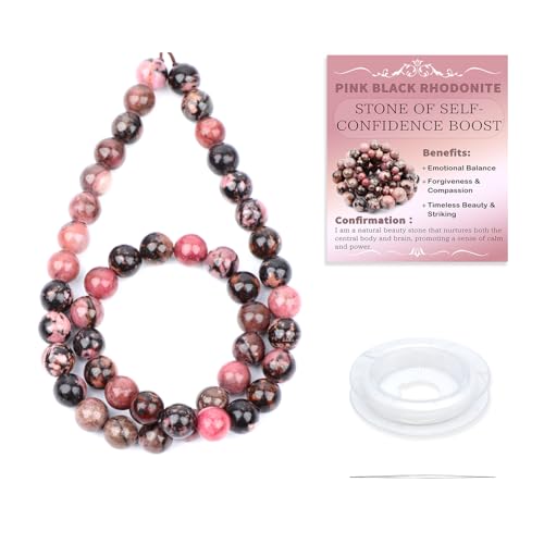 Natural Stone Beads Round Genuine Real Stone Beading Strand Loose Gemstones DIY Smooth Bead for Bracelet Necklace Earrings Jewelry Making (Pink Black Rhodonite, 8mm 45 Pieces) - color: Pink Black Rhodonite, size: 8mm 45pcs