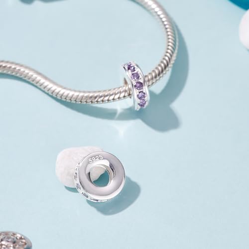 925 Sterling Silver Spacer Charm Bead with Clear CZ for Pandora Charms Bracelets - color: Purple