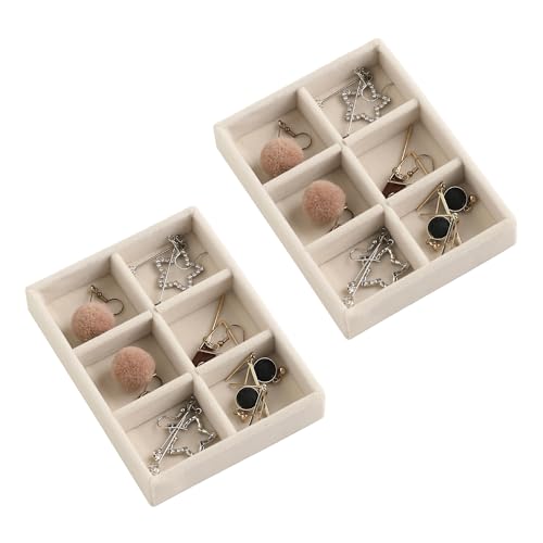Frebeauty Small Jewelry Tray Set,Stackable Velvet Jewelry Organizer Tray,Mini Jewelry Drawer Organizer,Drawer Inserts,4.92 x 3.74 x 0.9 Inches,6 Grid Earring Organizer for Women(Set 2,Beige) - color: Beige, size: 6 Grids Set 2