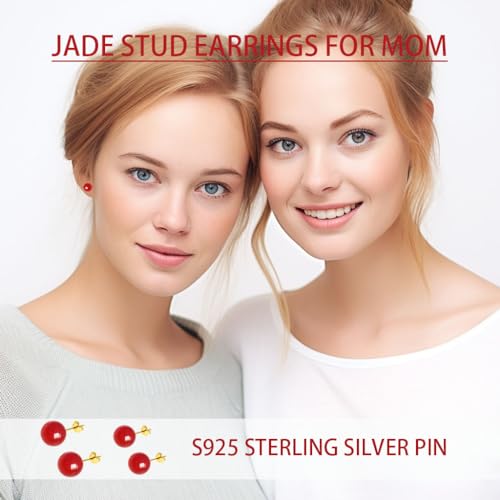 Jade Green Stud Earrings, Natural Round Beaded Agate Emerald Garnet Obsidian Gemstone Ear Studs Ball Jade Jewelry Gift, Green 8mm - color: red-8mm