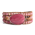 YGLINE Women Boho Handmade Natural Stone Crystal Leather Bead Wrap Bracelets Collection - color: Rhodochrosite-3w