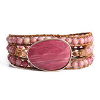 YGLINE Women Boho Handmade Natural Stone Crystal Leather Bead Wrap Bracelets Collection - color: Rhodochrosite-3w