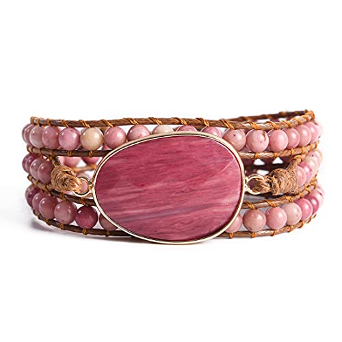 YGLINE Women Boho Handmade Natural Stone Crystal Leather Bead Wrap Bracelets Collection - color: Rhodochrosite-3w