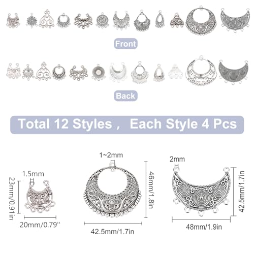 SUNNYCLUE 1Box 48Pcs 12 Style Chandelier Connector Earring Findings Multi Loops Bohemian Charms Antique Silver Round Teardrop Charms for Jewelry Making DIY Craft Supplies - color: 48pcs 12 Style
