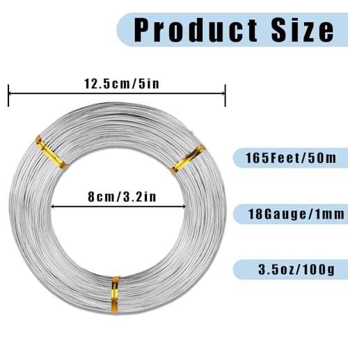 18 Gauge Aluminum Wire,165 Feet Silver Craft Wire for Jewelry Making/Floral Making/Sculpting, 1mm Bendable Metal Wire for Model Making/Picture Hanging/Handmade Beading etc - color: Silver