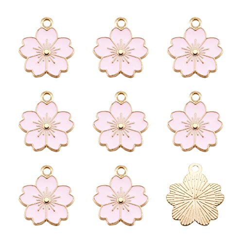 Beadthoven 100pcs Enamel Charms Cherry Blossom Daisy Flower Pendants Gold Plated Small Cute Bulk for Jewelry Making Bracelet Necklace Earrings Keychain DIY Accessories - color: Sakura Flower-Pink