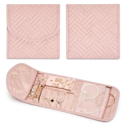 Amrules Travel Jewelry Roll Organizer Bag Foldable and Anti-Lost Jewelry Holder Storage for Rings, Necklaces, Bracelets, Earrings and Accessories, Small Pink - color: Pink, size: Small