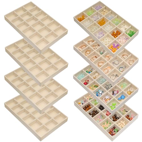 Set of 8 Earring Organizer Jewelry Trays Stackable Velvet Jewelry Dresser Drawer Organizer Removable Display Tray for Necklace Earring Ring, Black (144 Grid Total) - color: Beige, size: X-Large (9.6'' x 6'' x 1'')