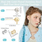 Beebeecraft 40Pcs 6mm Ball Post Stud Earring Findings 24K Gold Plated Stainless Steel Round Ear Stud with Loop and 20Pcs Ear Nuts Earrings Component for DIY Jewelry Making