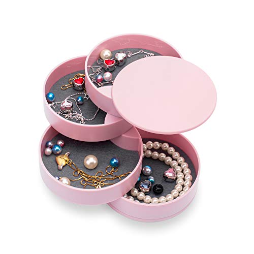HengLiSam Jewelry Organizer, Small Jewelry Box Earring Holder for Women, Jewelry Storage Box 4-Layer Rotatable Jewelry Accessory Storage Tray with Lid for Rings Bracelets - color: Pink
