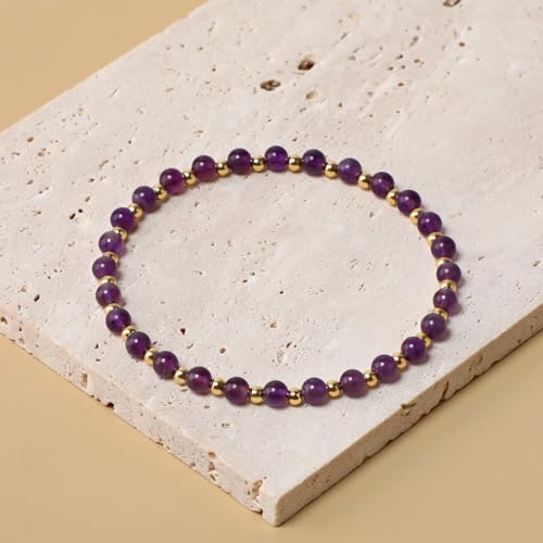 QOGIR 14k gold Handmade Healing Bracelet, Natural Gem Stone Crystal Elastic Gold Bracelet - color: Amethyst - Calmness, size: 4m