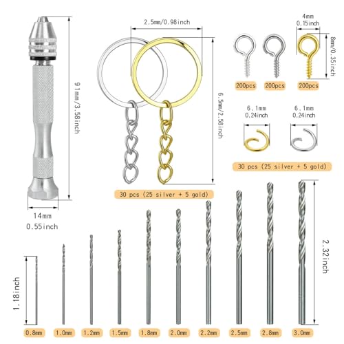 SONGIN Pin Vise Hand Drill Set, 670 Pcs Steel Manual Hand Drill Kit with 10 Pcs Drill Bits, Small Screw Eye Hooks, Keychain Rings for Jewelry Keychain Making and Crafts