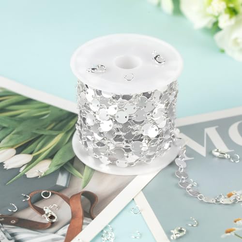 YOUBEIYEE 16.4 Feet Silver Sequin Chains for Jewelry Making Silver Plated Brass Jewelry Chain Roll with Jump Rings and Lobster Clasps - color: Sequin
