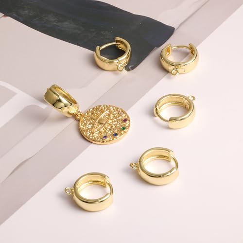 6Pcs 14K Goldplated Earring Hooks Wide Round Ear Huggie Hoop 925 Sterling Silver Dangle Ear Leverback Hooks 14x5mm Flat Wide Thick Gold Huggie Hoop for Earrings Making Supplies Jewelry Findings - color: 6Pcs14x5mmHuggie_Gold