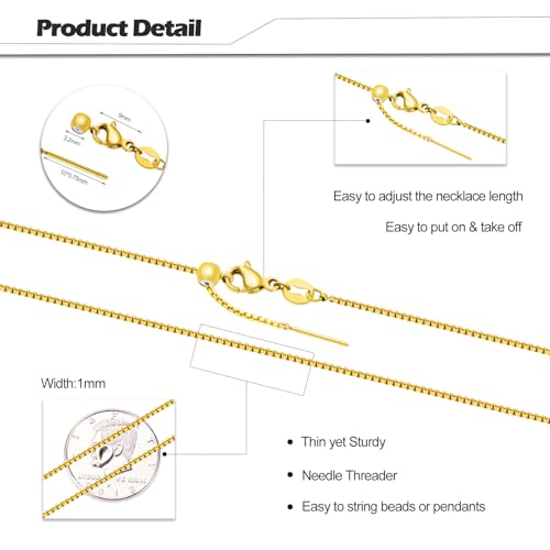 Crisjanggo 10 Pcs Stainless Steel Adjustable Necklace Chains 20 Inch Gold Plated 1 mm Thin Chain Bulk with Rubber Stopper for Jewelry Making - color: Gold Box