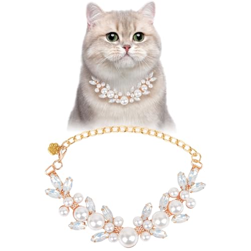 HOWWFALY Dog Cat Pearl Collars with Cute Pet Paw Gold Chain Stainless Steel Collars Necklace Adjustable Collar Dog Chain Cat White Pearl Pet Collar (White, M) - color: White, size: Medium
