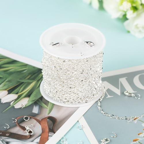 YOUBEIYEE 32.8 Feet Silver Chain for Jewelry Making Silver Plated Brass Link Chain Women Necklace Bracelet DIY Jewelry Chain Roll - color: 1:1 Lip