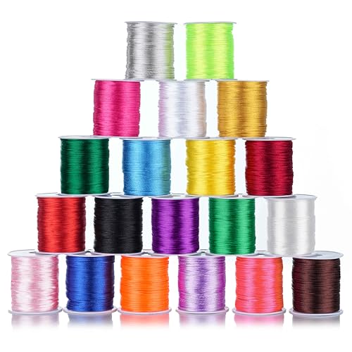 20 Rolls 656 Yards 1mm Rattail Satin Nylon Trim Cord Silk Cord Beading String for Kumihimo, Braided Bracelets, Pendants Necklace, Macrame Craft, Keychains Lanyards, Jewelry Making