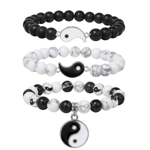 Vinswet Healing Crystal Beaded Bracelets for Women,Natural Amethyst Gemstones Bracelet,Anxiety Stress Relief Heart Charm Bracelet Handmade purple Jewelry Gifts for Women - color: white howlite&black agate