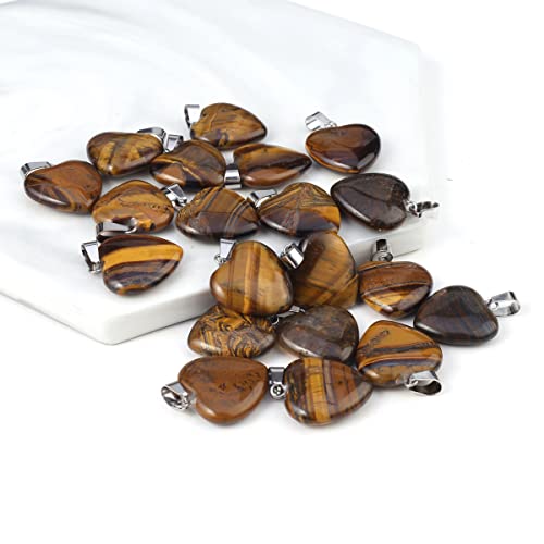 LE SKY 20 Pcs natural stone pendants heart shape healing stone charms for jewelry making - color: tiger eye
