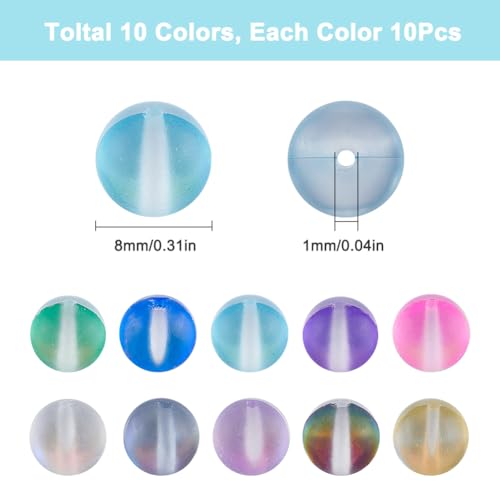 1 Box 100Pcs 8mm Moonstone Glass Bead Bulk Matte Crystal Beads Frosted Colorful Mermaid Round Glitter Shiny Aurora Loose Spacer for Bracelets Jewelry Making DIY Crafts Supplies