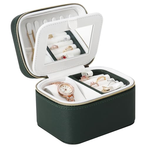 DesignSter Travel Jewelry Case,Small Jewelry Box with Mirror,Leather Material Travel Jewelry Case Organizer, Portable Jewelry Organizer with Zipper(Green - color: Green