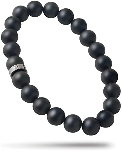 Forge & Foundry Men’s Matte Black Solid Onyx Beaded Bracelet | 10mm, 8mm, 6mm Bead Size Options | Signature Stainless Steel Engraved Bead | Andalus - color: 8mm Silver, size: Large