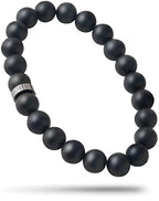 Forge & Foundry Men’s Matte Black Solid Onyx Beaded Bracelet | 10mm, 8mm, 6mm Bead Size Options | Signature Stainless Steel Engraved Bead | Andalus - color: 8mm Silver, size: Large