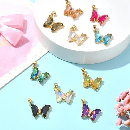 Ipotkitt 10 Pcs Glass Butterfly Charms Clear Micro Pave Cubic Zirconia Butterfly Charms Colorful Crystal Insect Charms for Jewelry Making Accessories - color: 10pcs-Glass Butterfly Charms-24x21x4mm