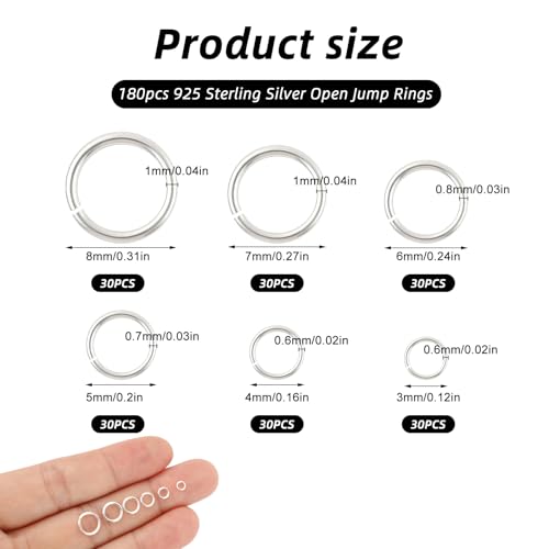 180PCS 925 Sterling Silver Open Jump Rings,3/4/5/6/7/8mm Jewelry Connector Rings for Bracelets Necklaces Earrings DIY Craft Making Supplies