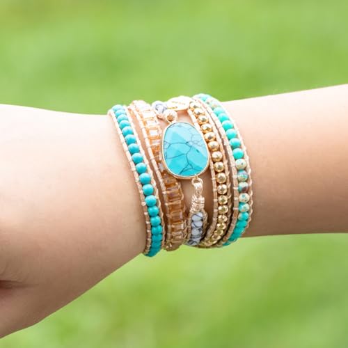 YGLINE Women Boho Handmade Natural Stone Crystal Leather Bead Wrap Bracelets Collection - color: Turquoise