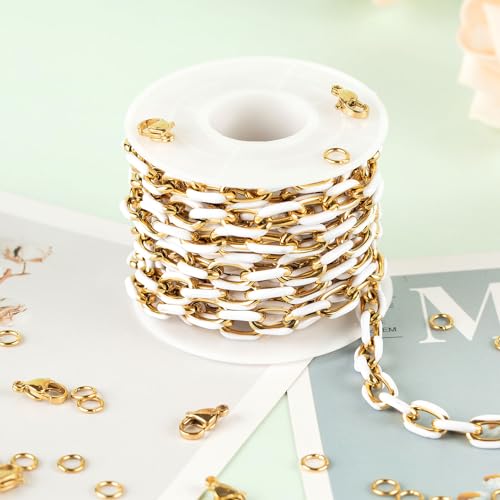UMAOKANG 2 Meters White Enamel Jewelry Chains Bulk Gold Plated Stainless Steel Chains for Jewelry Making Oil Drip Craft Chain Roll - color: White