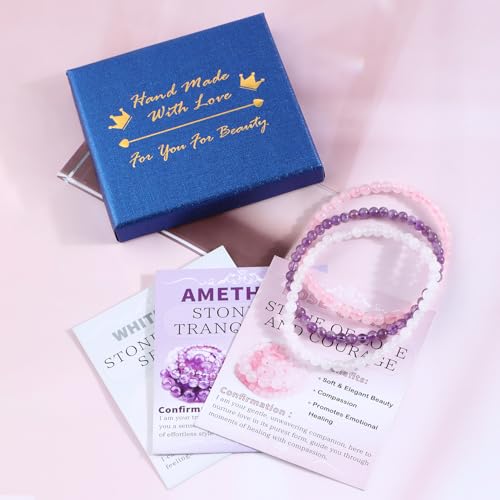 NCB 2.3-Piece 4mm Natural Crystal Gemstone Stretch Bracelets – Handmade Reiki Energy Healing Jewelry for Meditation,Yoga, Unisex - color: 3PCS ( Amethyst+Pink Quartz+White Jade ), size: 4mm