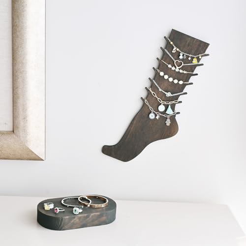 MOOCA 2 Pcs Set Two-Way Tabletop or Wall-Mountable Jewelry Display Natural Wood Foot-Shaped Bracelet Display, Anklets Display Storage, Wood Sturdy Base, Dark Brown Color - color: Dark Brown
