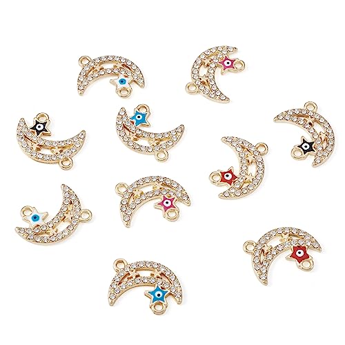 Cheriswelry Rhinestone Enamel Connectors Charm Links Evil Eye Alloy Metal Pendants Antique Silver Flat Round Hamsa Hand Owl Feather Heart Charm Pendant for Bracelet Necklace Jewelry Making - color: Mixed Color-Moon & Star