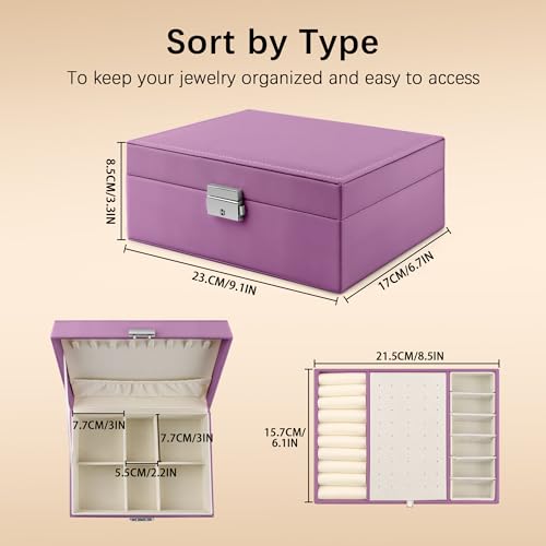 Homeanda Jewelry box 2 layer Jewelry box Leather Jewelry boxes for Women Girls Teens Jewelry organizer box Jewelry Storage box with lock(Purple) - color: Purple