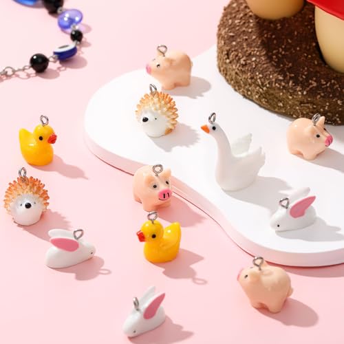 Civaner 50 Pcs Resin Charms for Jewelry Making, Cute Mushroom Bee Duck Cow Chicken Swan Rabbit Pig Farm Animal Pendants for DIY Bracelets Necklaces - style: Cute Style