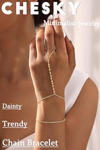 CHESKY 14K Gold Plated Hand Chain Bracelets for Women Set - Dainty Finger Ring Bracelet Stack Adjustable Hand Chains Durable Beaded Bracelets Trendy Simple Body Jewelry Gift for Women - style: 3beaded bracelet-gd