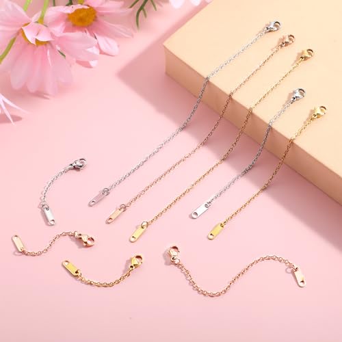 Mabor 9Pcs Necklace Extender, Jewelry Extenders for Necklaces, Rose Gold Stainless Steel Jewelry Chain Extenders for Necklace Bracelet Anklet (Gold, Silver, Rose Gold, 5.9inch/3.9inch/2inch)