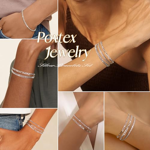 Gold Bracelets Set for Women Stack, Chunky Thick Bracelets Stack for Women Trendy, Simple Dainty Thin Gold Plated Cuff Stackable Bracelets With Beaded Cuban Paperclip Snake Rope Bangle Hand Chain Jewelry - style: Style 03-silver