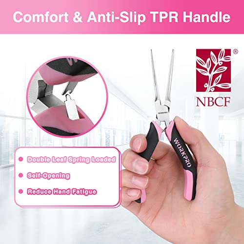 WORKPRO 6-Piece Mini Pliers Set, Needle Nose, Long Nose, Bent Nose, Diagonal, End Cutting and Linesman, for Crafts Work, Electronic Repair, with Pouch - Pink Ribbon - color: Pink