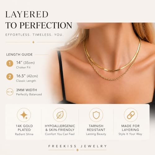 Freekiss Women's Layered Necklace Set - 3 Piece Dainty Gold Jewelry for Everyday Stacking | 14K Gold Plated Snake Chain, Rope Chain, Cuban Chain | Adjustable Length 14-18.5 Inch | Gift Ready - color: Gold, style: Layer 3mm Snake+Rope Chain