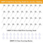 340PCS Ball Earring Studs and Backs for Jewelry Making, 140PCS Round Balls Post Earring Studs with Loop and and 200PCS Clear Backs for DIY Jewelry Making(White K) - color: silver